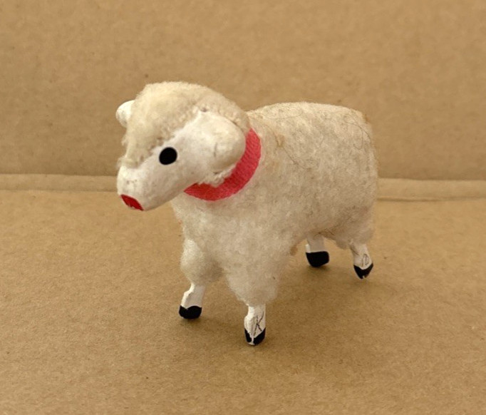 Antique Putz CHRISTMAS SHEEP Nativity Wooly Stick Leg Germany RED COLLAR~2.5”L