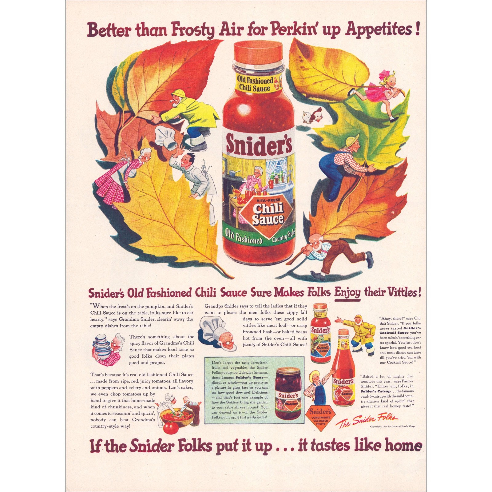 1944 Snider’s Chili Sauce Original Vintage Print Ad