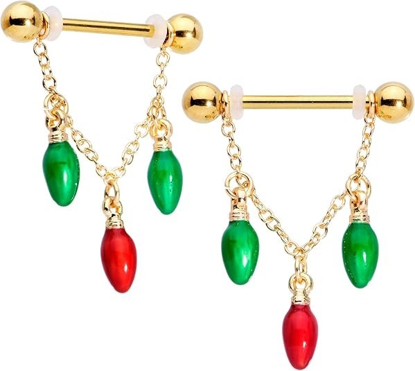 14G Piercing 18KYellow Gold Over Red Green Enamel Christmas Bulb Nipple Ring Set