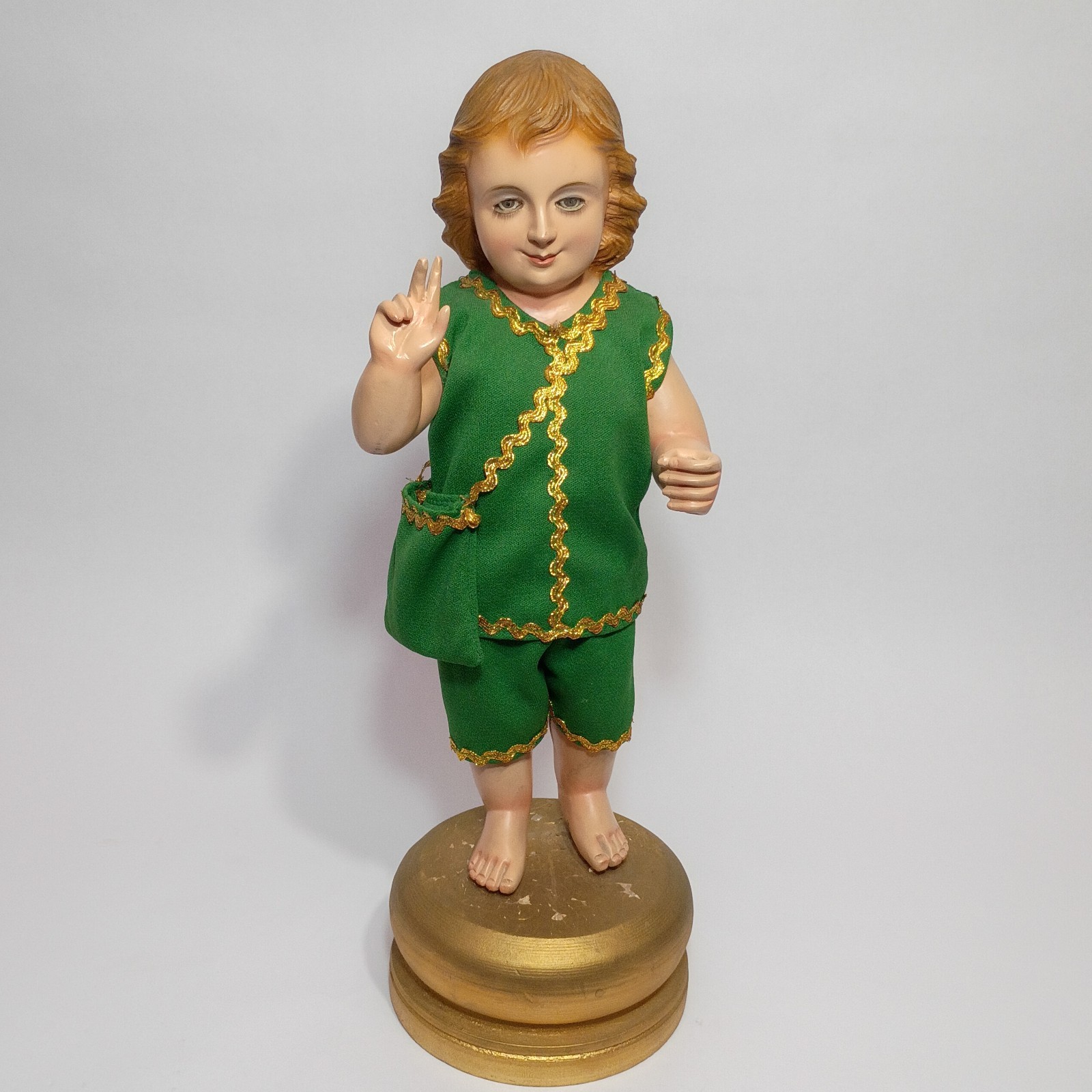 Vtg Santo Niño Christ Child Statue on Wood Stand Green Robe Religious Figure 17