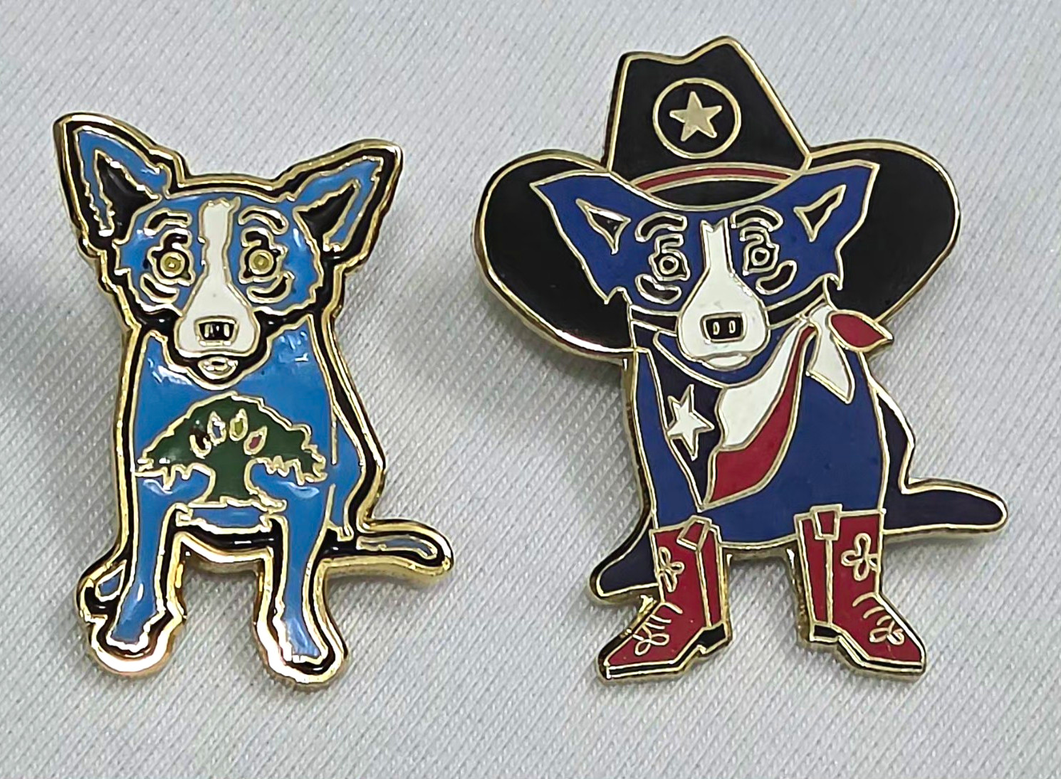 Vintage ​George Rodrigue Blue Dog Enamel Pin Lot Of 2 Texas Cowboy GRFA Oak Tree