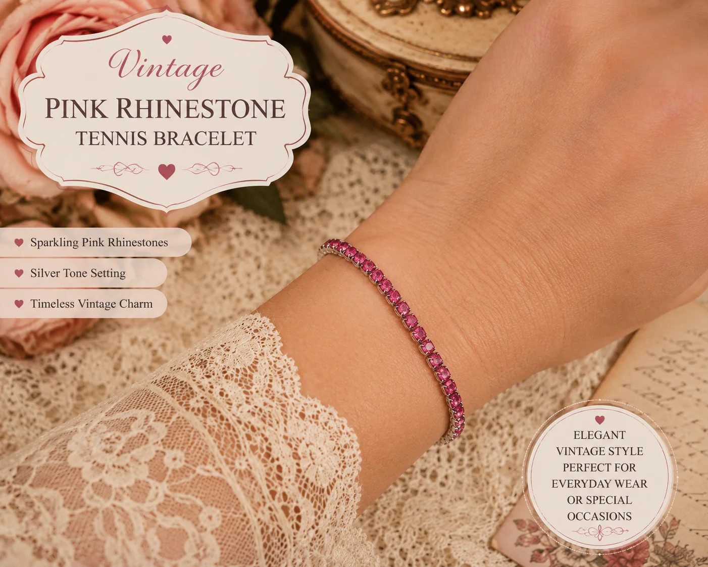 Vintage Style Pink Rhinestone Tennis Bracelet – Silver Tone Sparkling Bracelet Vintage Style Pink Rhinestone Tennis Bracelet – Silver Tone Sparkling Bracelet