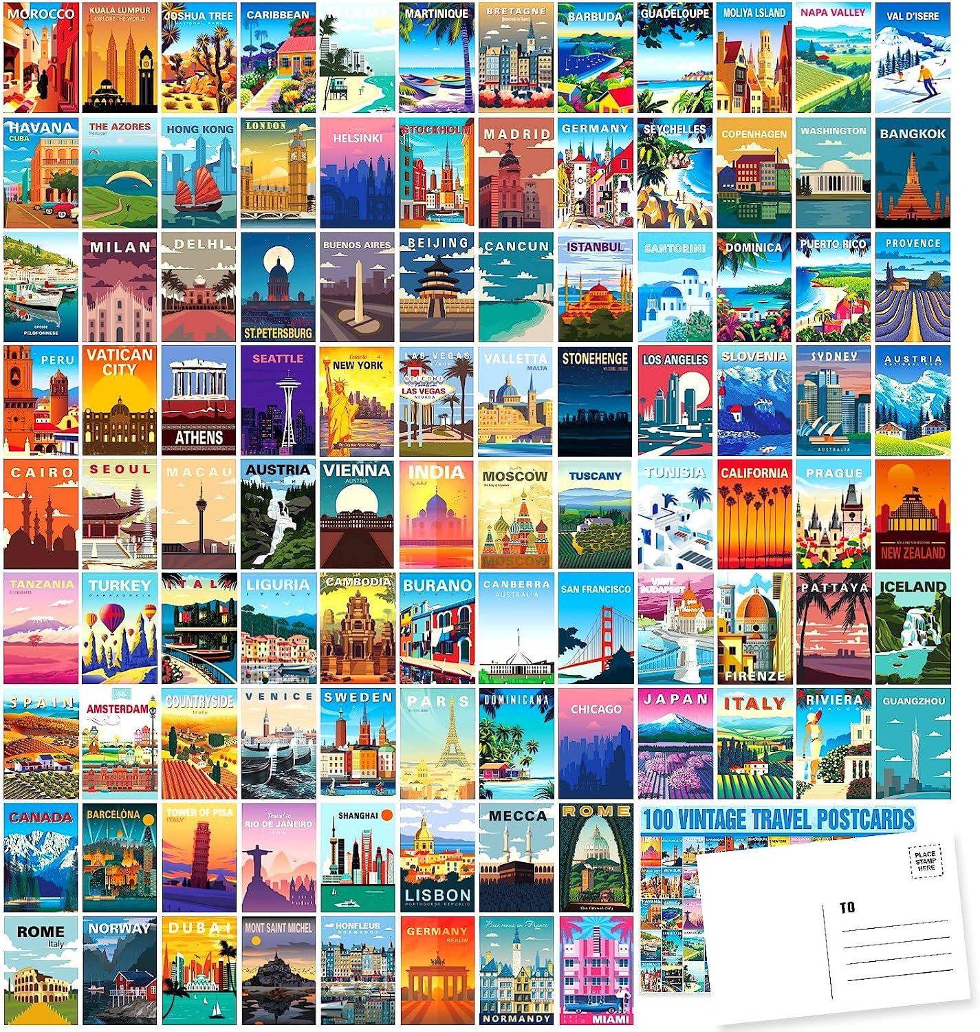 100 Vintage Travel Postcard Set,World Famous Country City