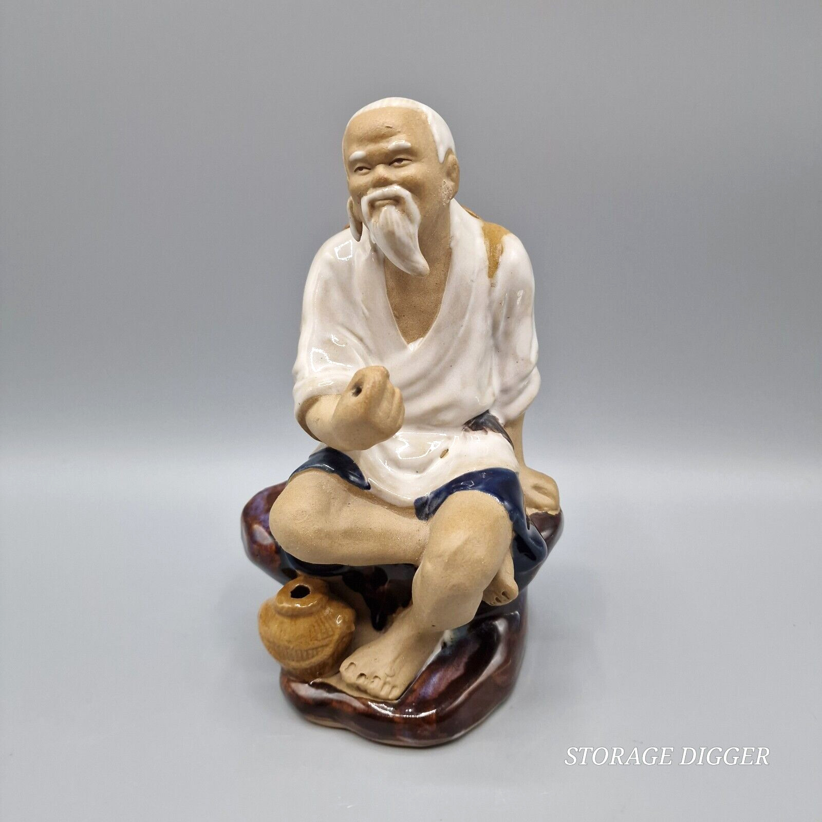 AS IS Vintage Shiwan Chinese Mudman Sitting Fisherman Ceramic Figurine 7\ AS IS Vintage Shiwan Chinese Mudman Sitting Fisherman Ceramic Figurine 7\