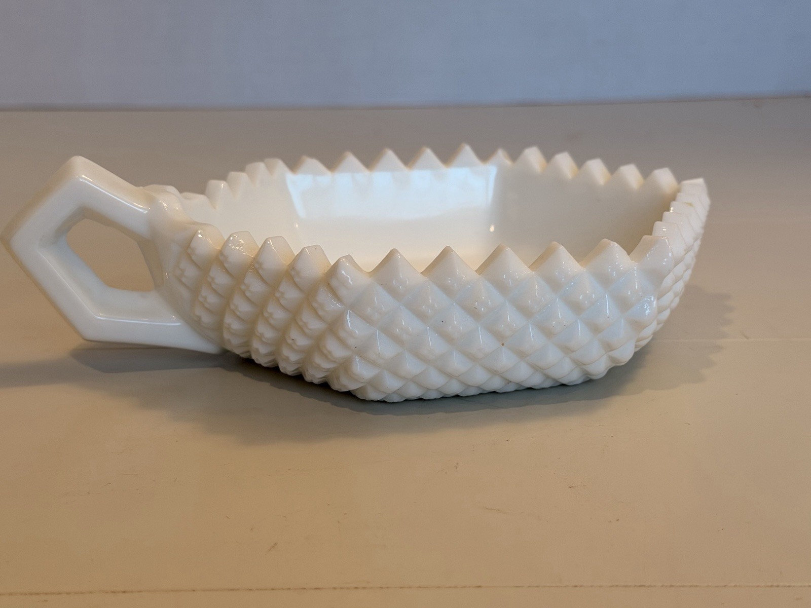 Vintage Westmoreland English Hobnail Milk Glass Handled Dish, Hexagon Shaped.