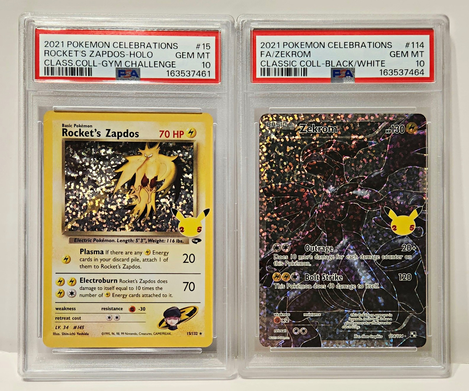 2021 Pokémon Celeb Lot of 2 PSA 10 GEM MINT Cards: Rocket's Zapdos & Zekrom 2021 Pokémon Celeb Lot of 2 PSA 10 GEM MINT Cards: Rocket's Zapdos & Zekrom