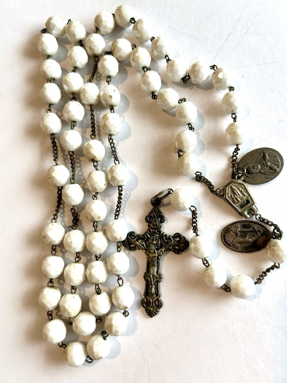 Vintage Reliquary Rosary White Glass Lg. Beads Italy 25” Catholic Need Cleaning
