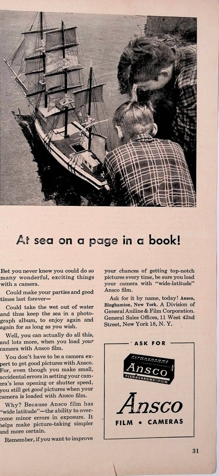 1946 Ansco Film Cameras Boys Sailing Toy Boat Print Ad American Girl July