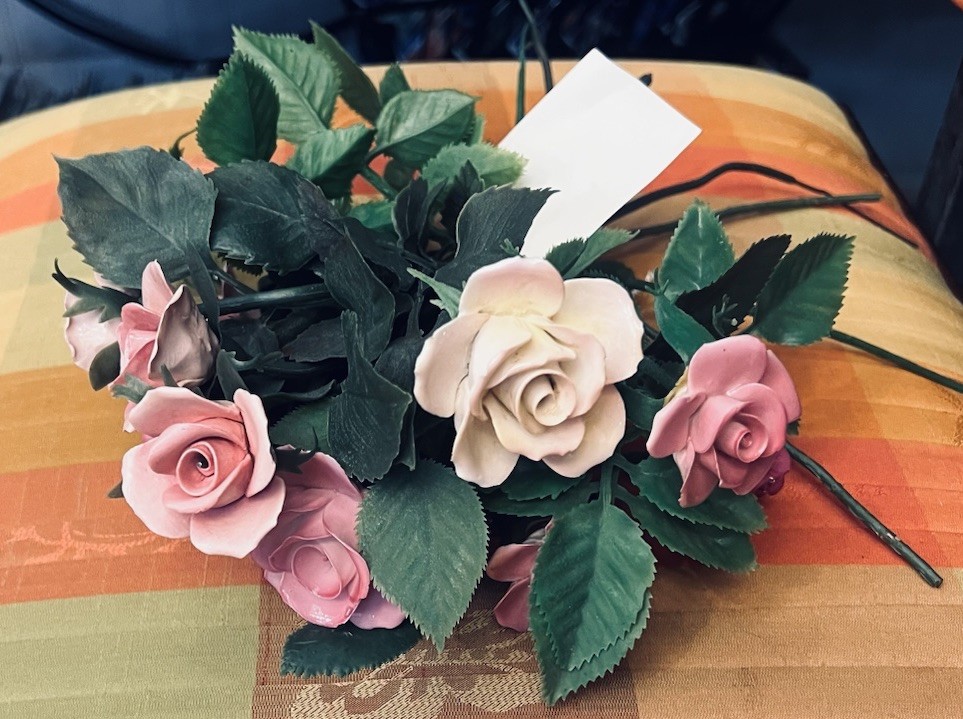 Vtg Porcelain “9” Pink Roses-Green Plastic Bendable Long Stems & Leaves Bouquet