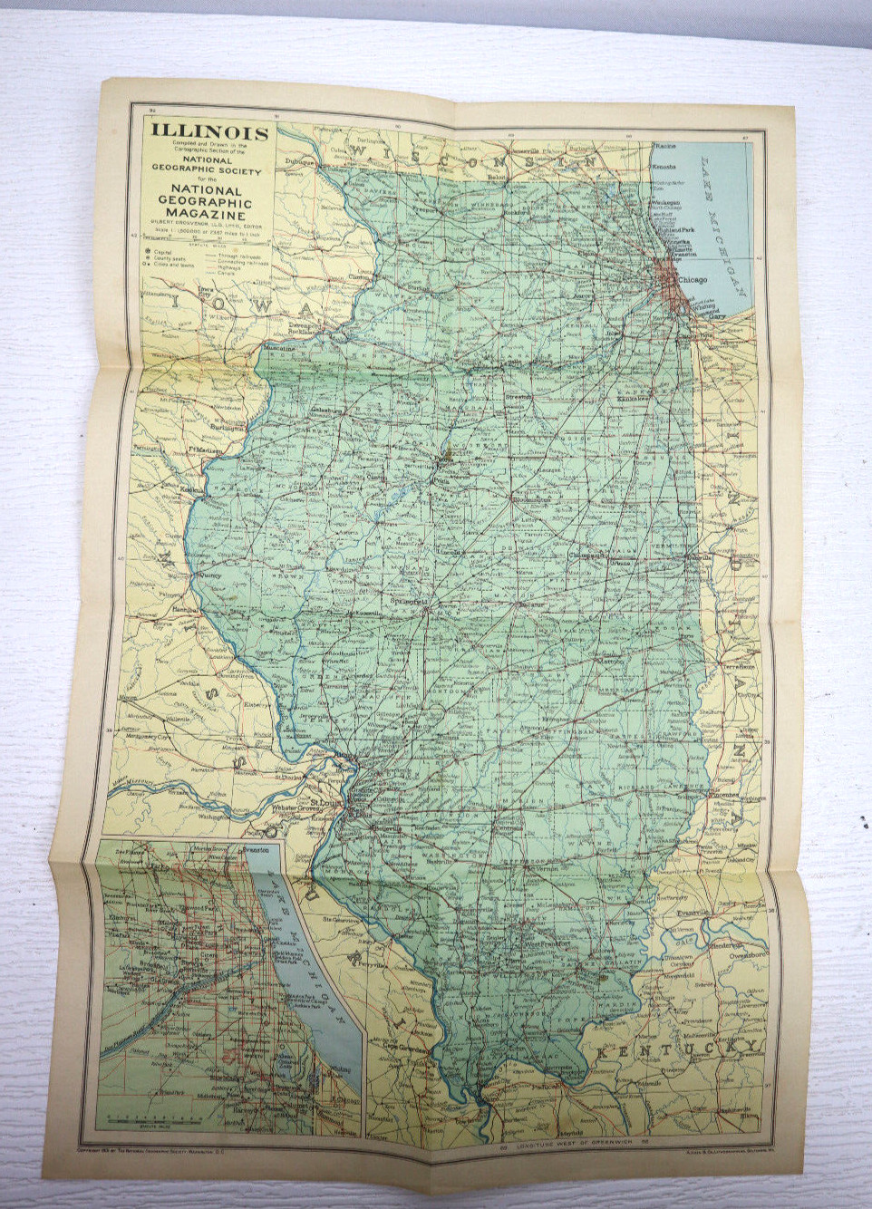ANTIQUE ILLINOIS MAP National Geographic May 1931 
