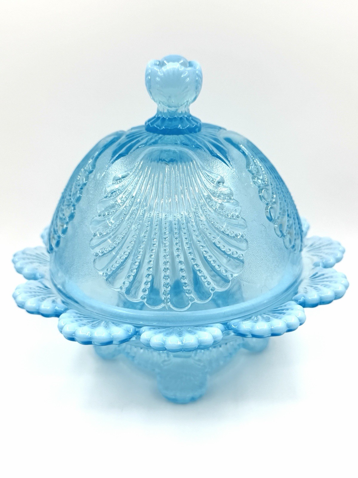 Mosser Glass Light Blue Shell Pattern Dome Butter Dish, Made Cambridge, Ohio