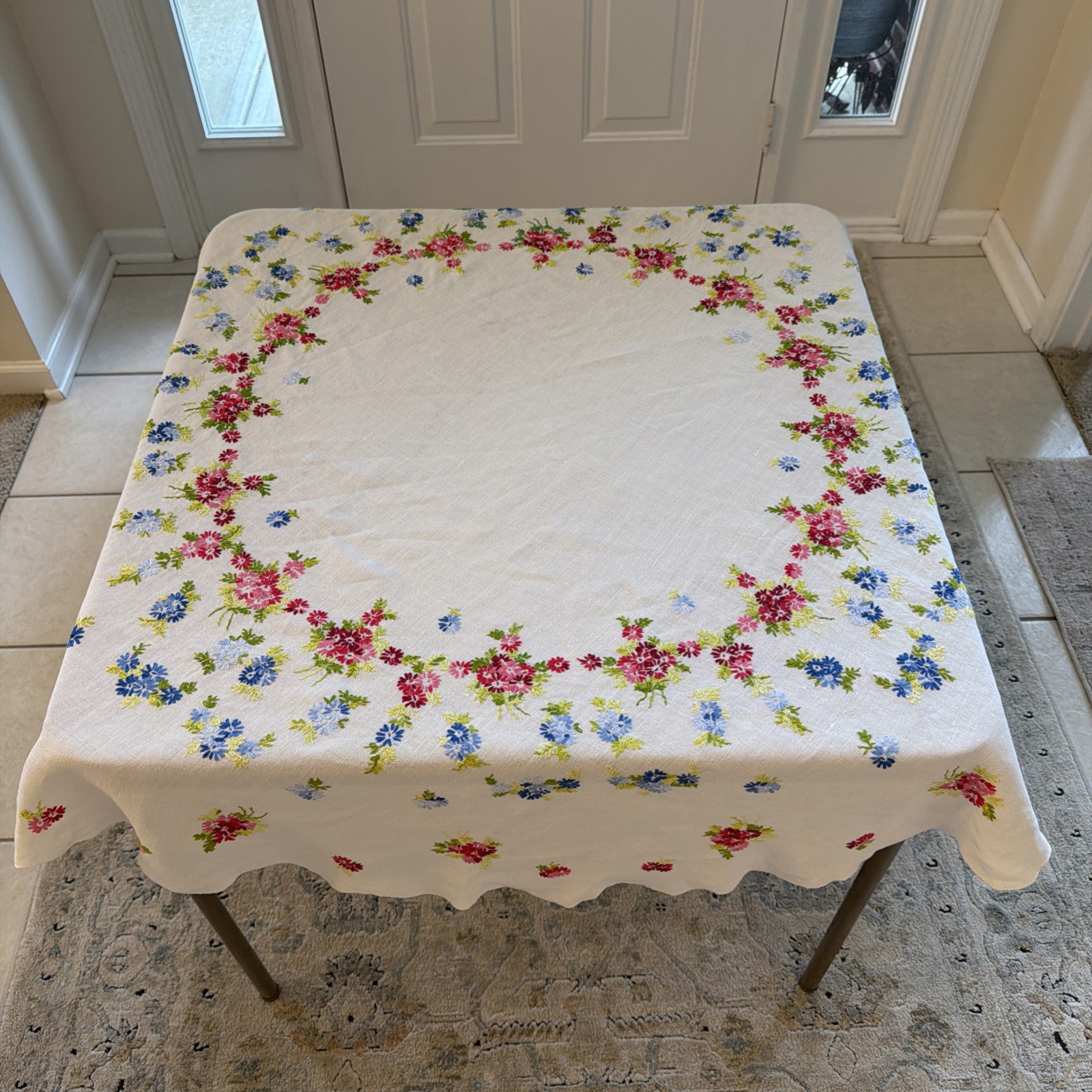 Antique Hand Embroidered Floral Tablecloth Linen Round Scalloped Edge Folk Art 