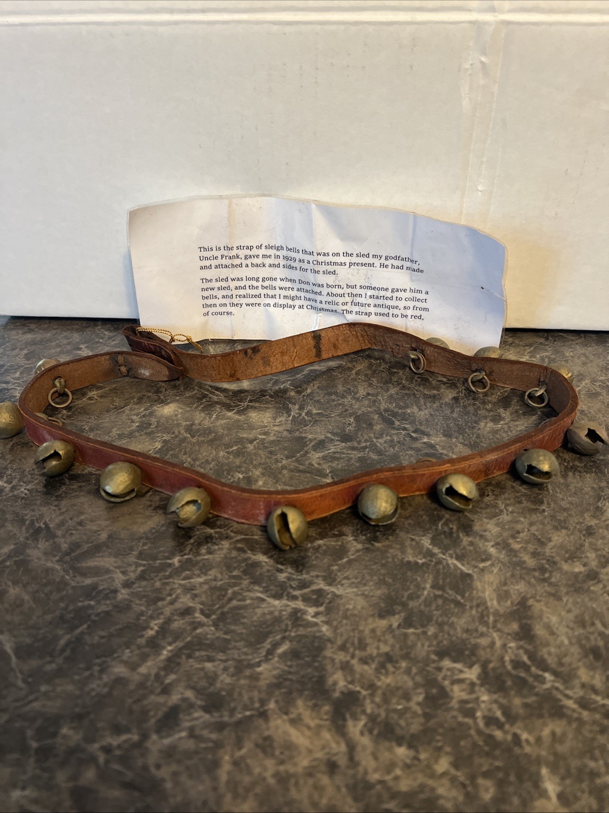 Antique Brass Sleigh Bells on Original Leather Strap with 13 Bells 27.5 Inches