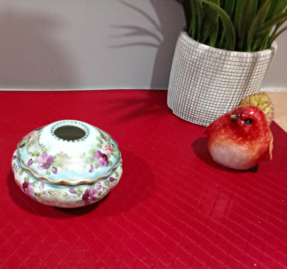 Vintage Porcelain Hair Receiver: Hand-Painted Floral Vanity Jar Vintage Porcelain Hair Receiver: Hand-Painted Floral Vanity Jar