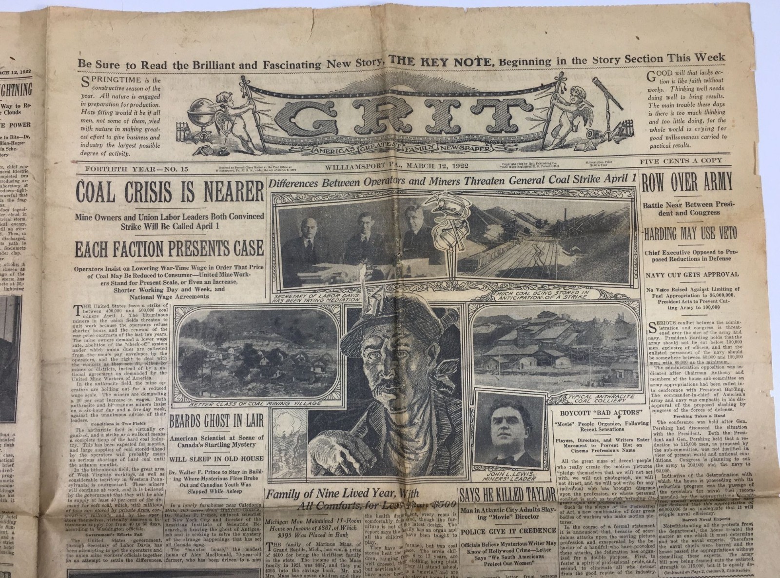 Grit Vintage Newspaper March 12, 1922 Coal Crisis Neared Historical Print