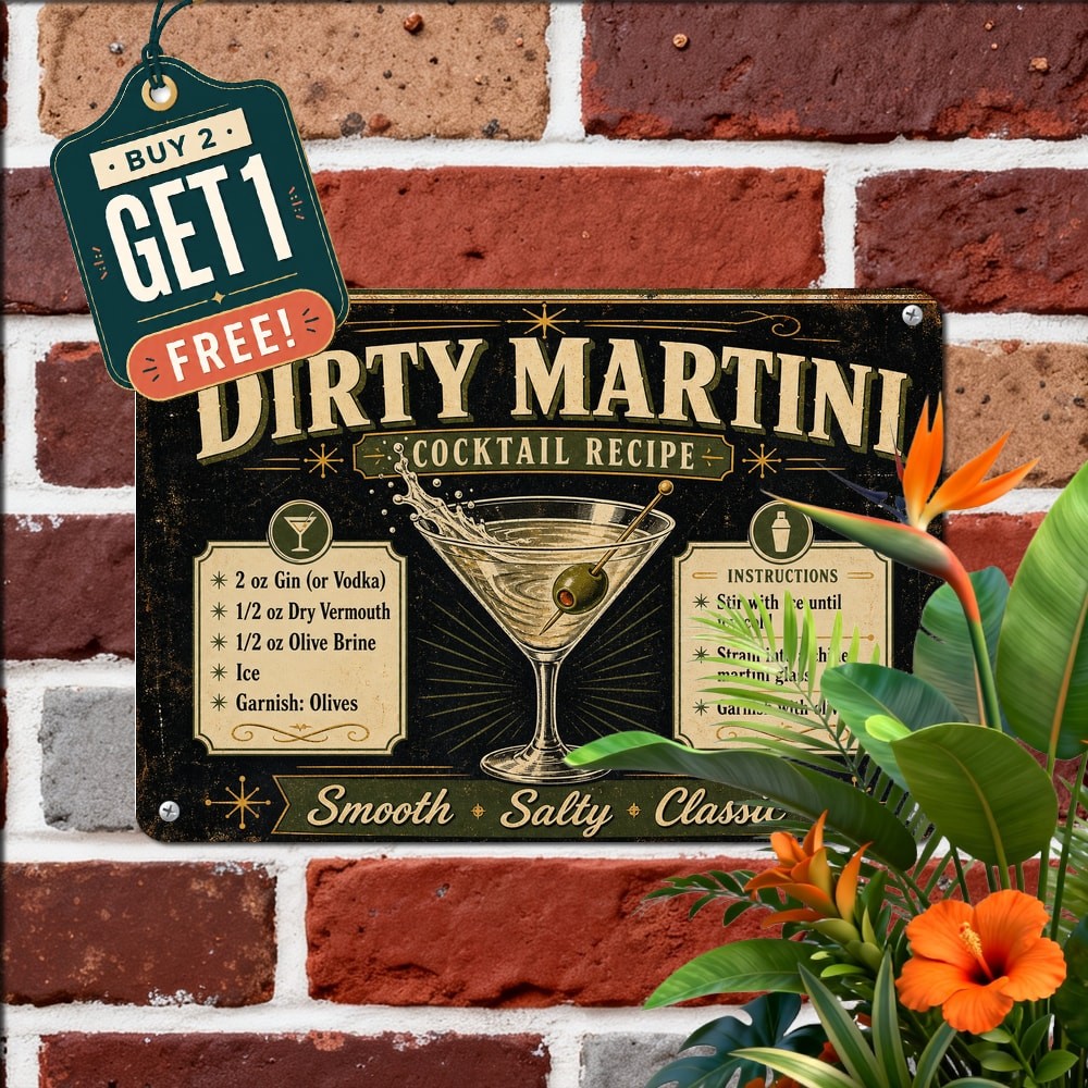 Classic Dirty Martini Cocktail Guide Metal Sign Vintage Kitchen Decor 8x12