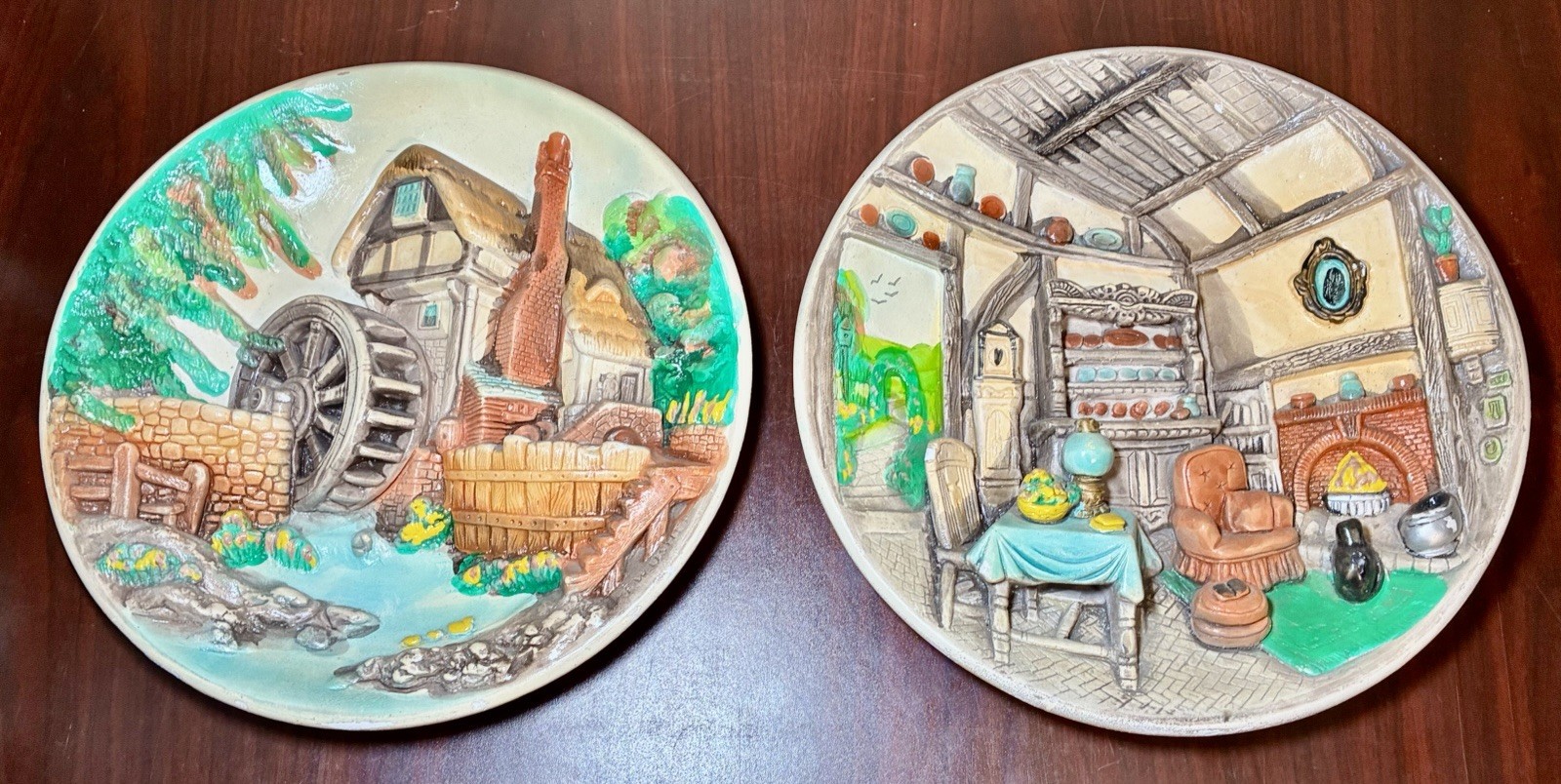 Pair Vintage Character Creations Ltd 3D Chalkware Wall Plates Cottage Watermill