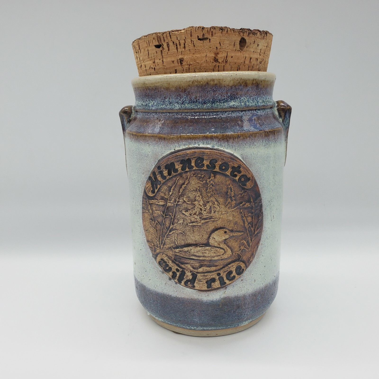 Vintage Minnesota Wild Rice Pottery Jar w/ Cork Lid Rice Keeper Crock 7.75”
