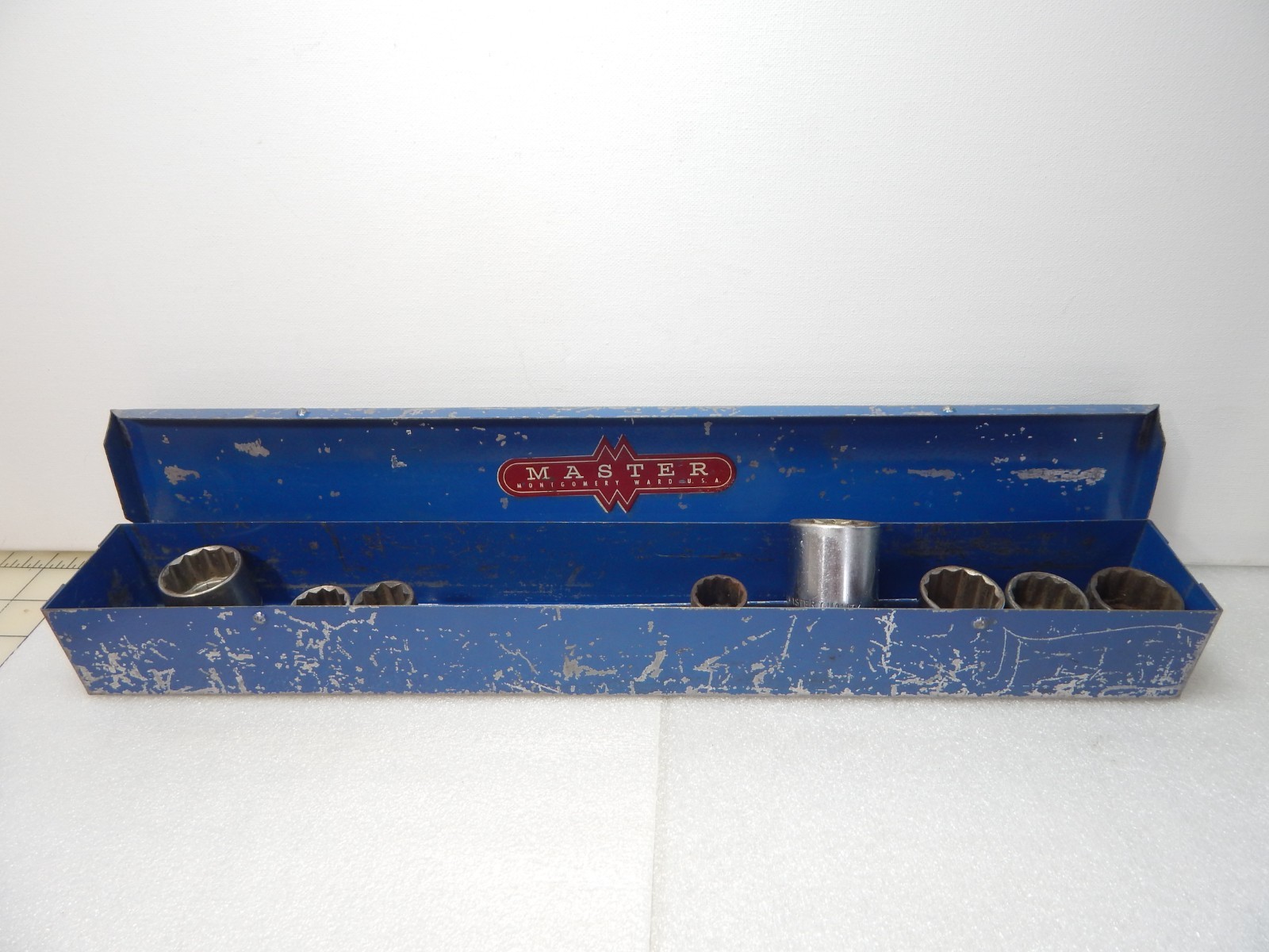 Montgomery Ward’s Master 1/2” Drive Sockets blue metal case for ratchet,