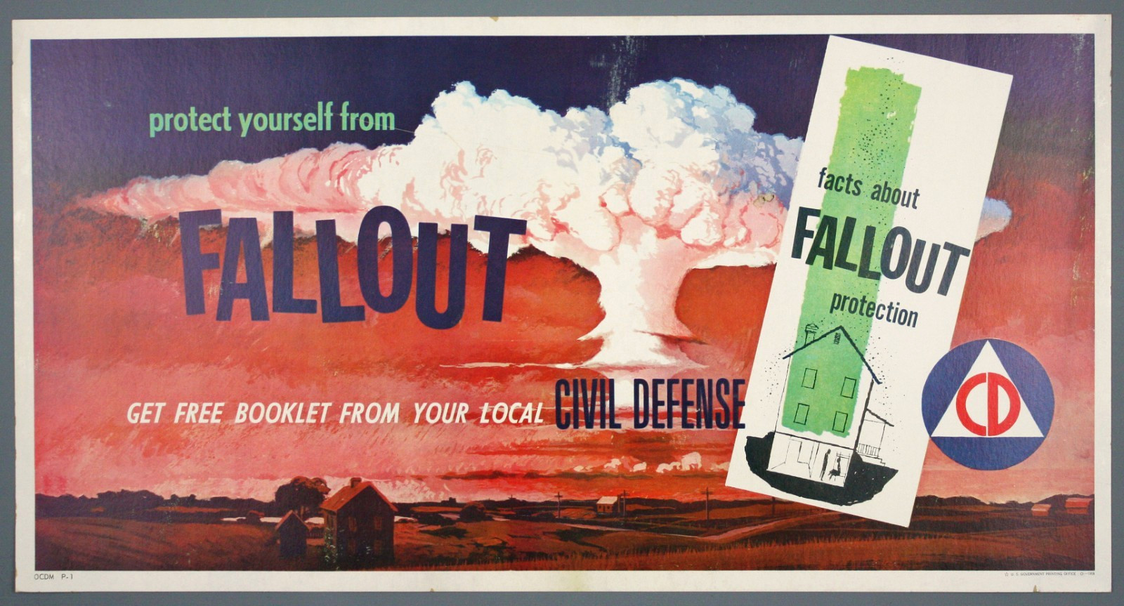 Original Vintage Cold War Era Fallout Poster/Window Card, Civil Defense, 1958