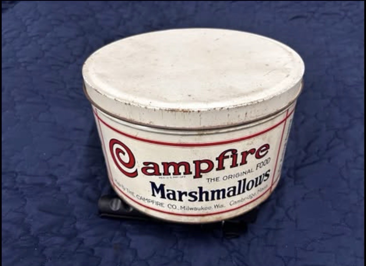 Campfire Vintage Marshmallows Advertising Tin Canister w/ Lid - White/Red/Blue