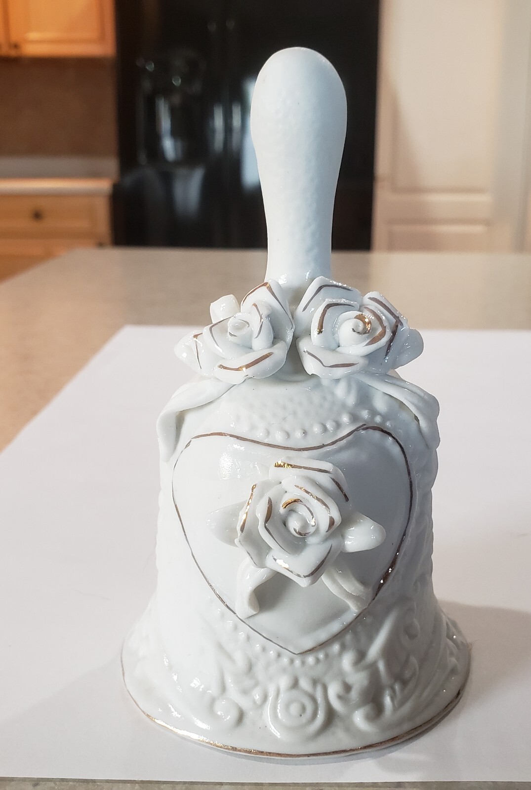 Vtg Bell Wedding Anniv Collectible Roses Gold Trim Porcelain Bisque 5 1/4\ Vtg Bell Wedding Anniv Collectible Roses Gold Trim Porcelain Bisque 5 1/4\