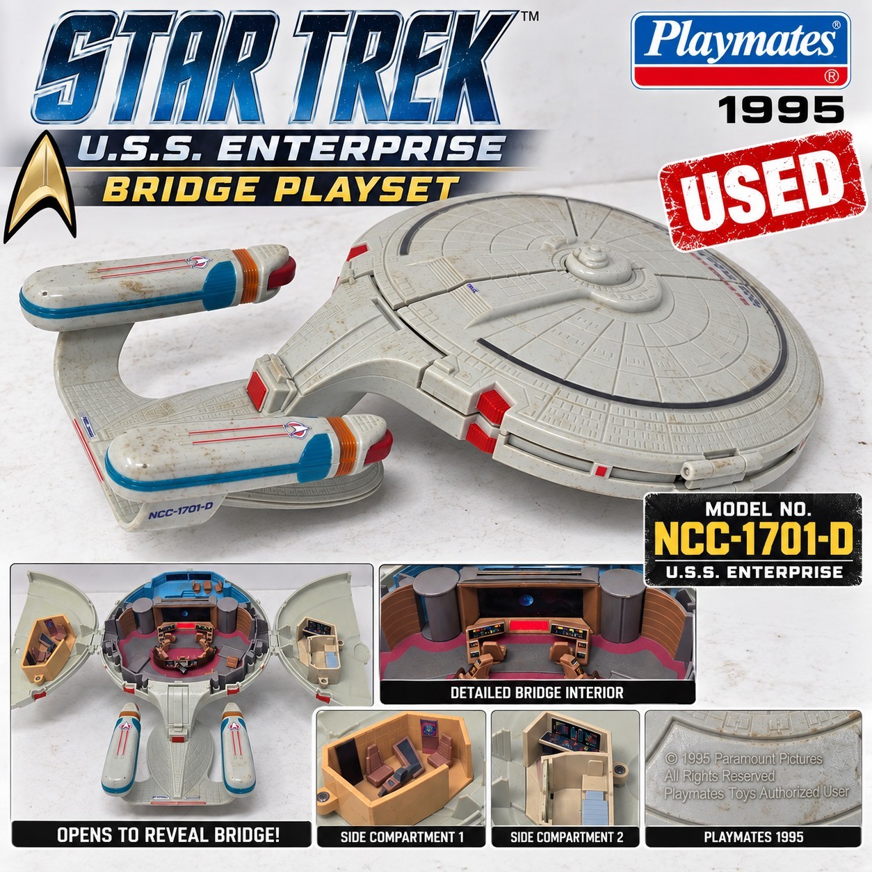 1995 Playmates Star Trek USS Enterprise NCC-1701-D Bridge Playset Vintage Used