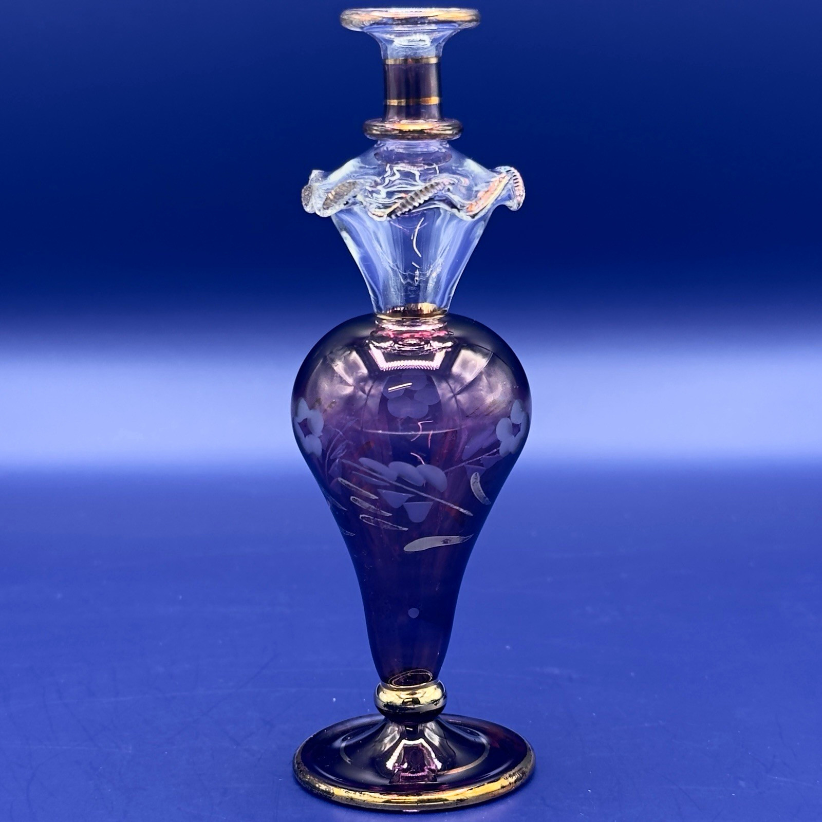 Vintage Amethyst Purple Art Glass Perfume Bottle Gold Floral Missing Stopper 5”