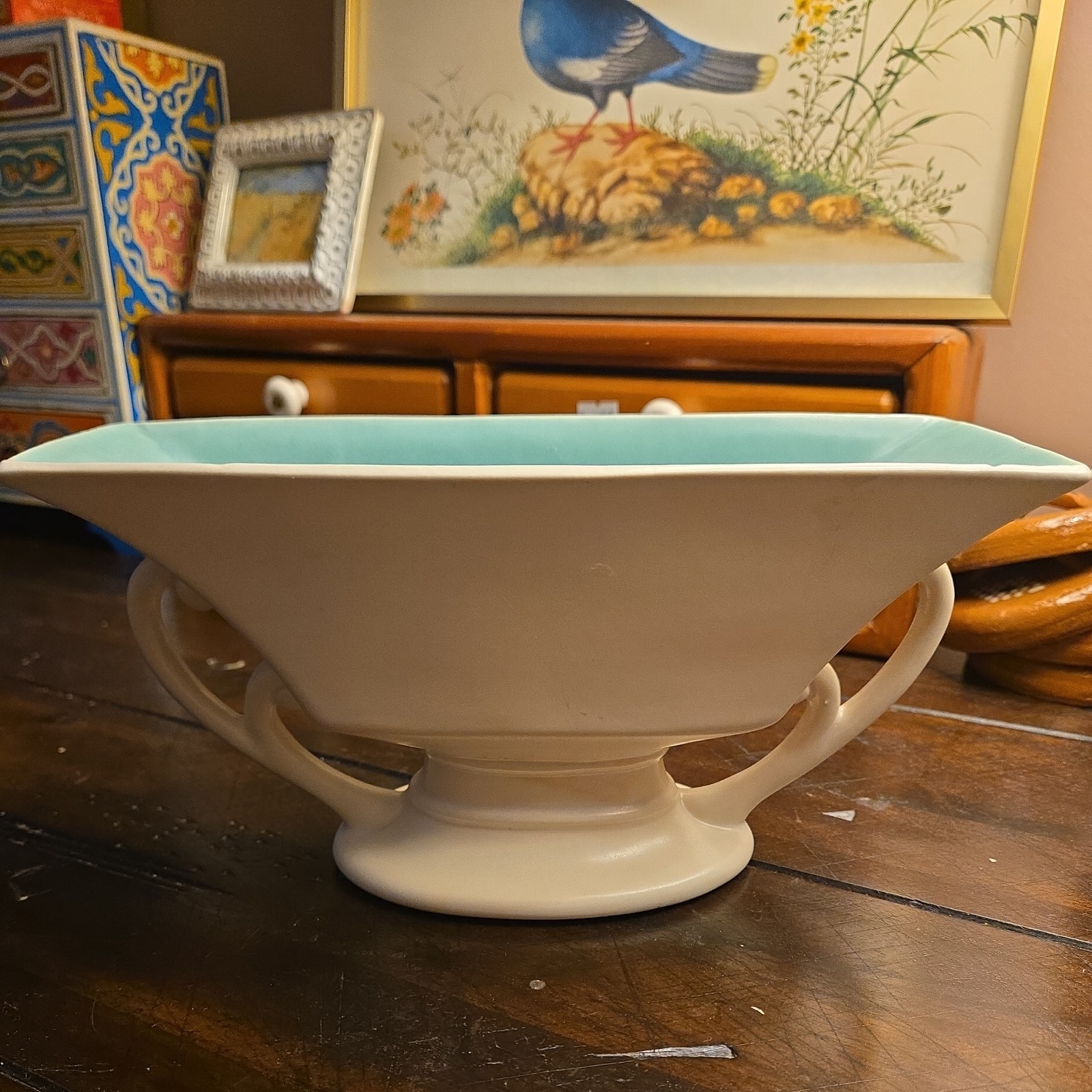 Vintage Rumrill Red Wing Pottery 693 Double Handle Console Bowl Aqua Deco