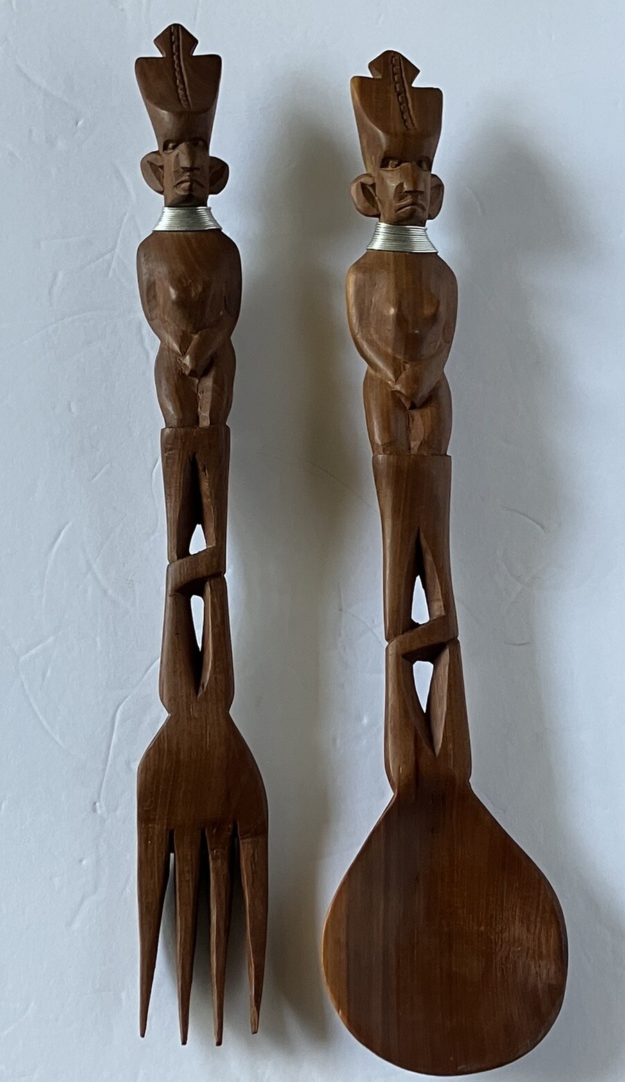 Kenya Hand Carved Tribal Wood Spoon And Fork Serving Set 14 Inches