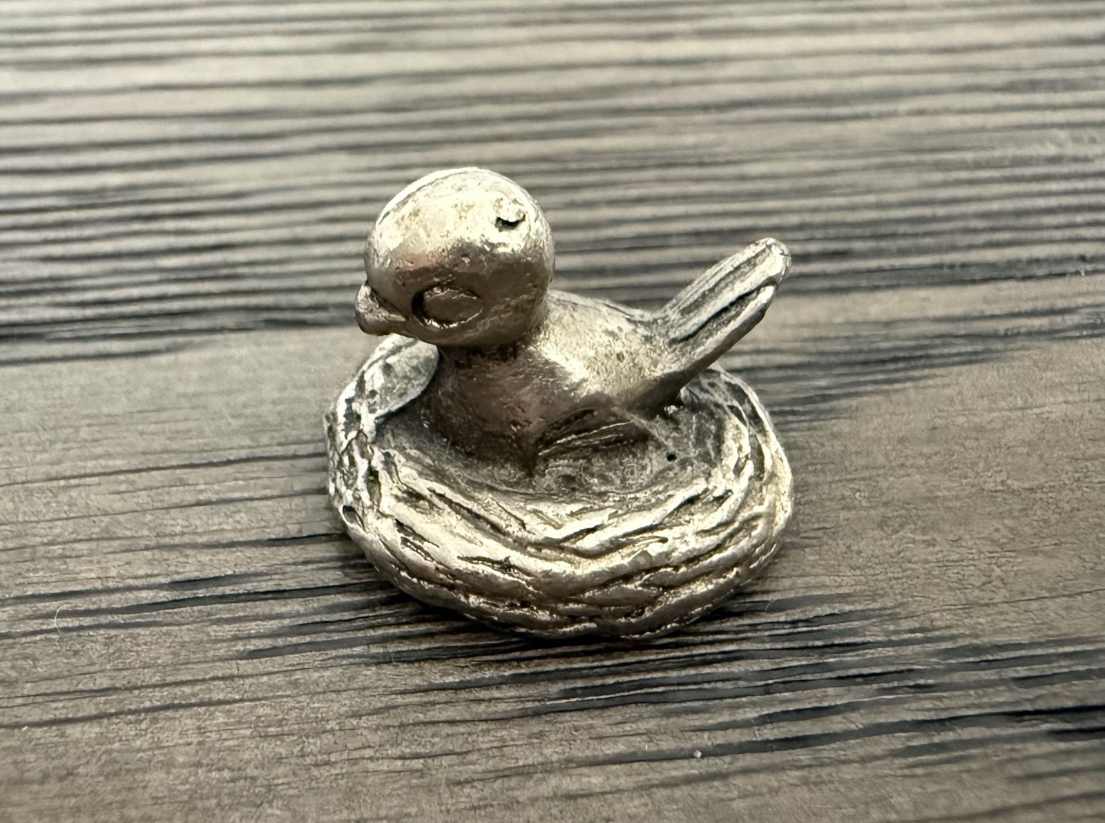 Vintage Pewter Bird in Nest Miniature 1” Collectible Figurine