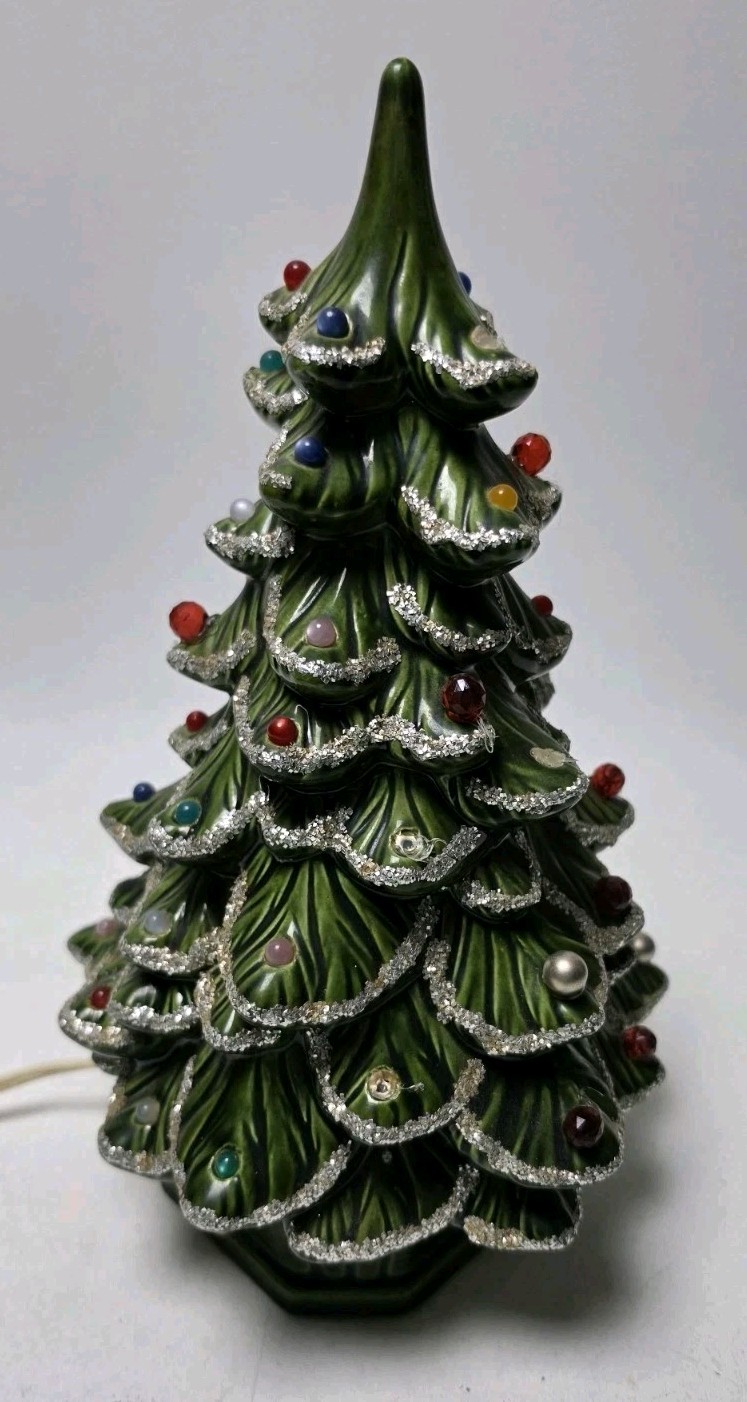 Vintage Holland Mold Ceramic Christmas Tree Lighted Snow Flocked Green 11