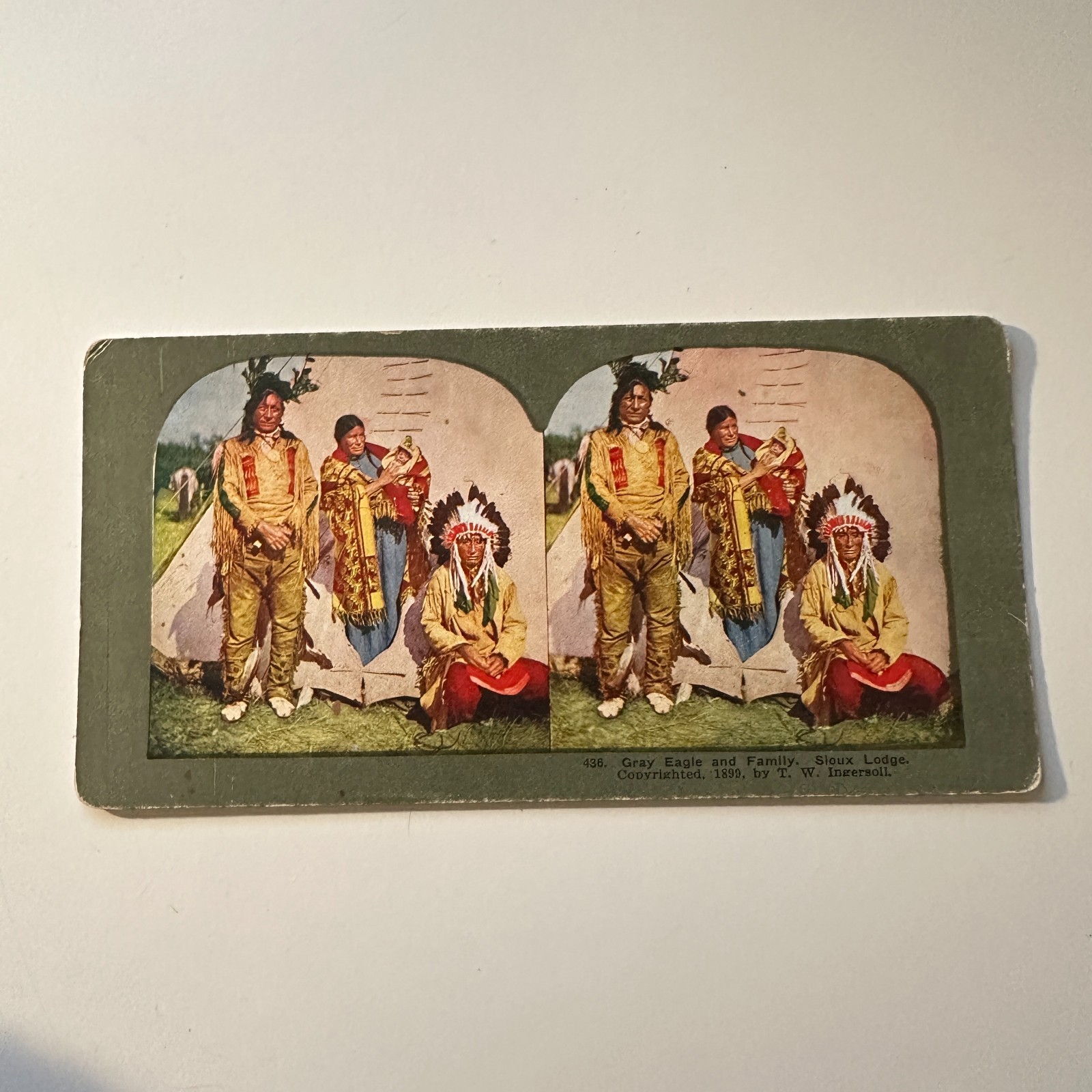 Gray Eagle & Family Sioux Lodge By TW Ingersoll Antique Stereoview Card 5H6-3
