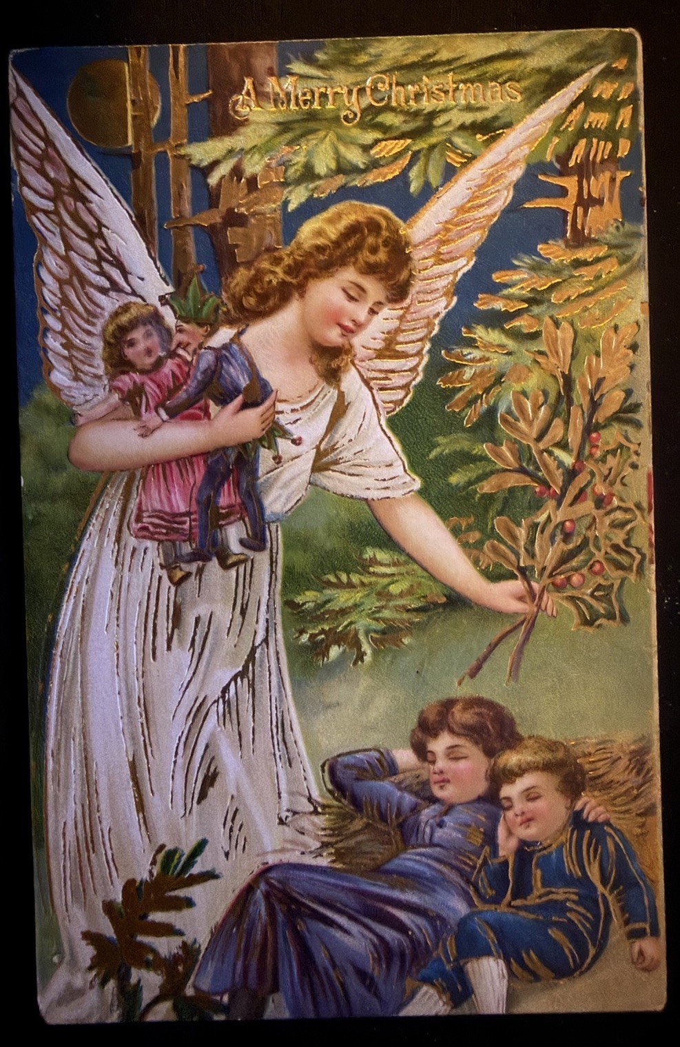 Christmas Angel with Children~Doll ~Vintage Antique Embossed Postcard~s570
