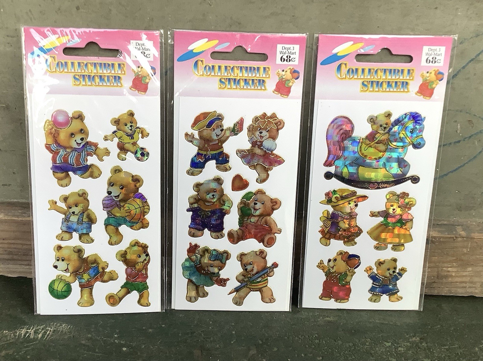 Vintage NOS Teddy Bears Hologram Collectible Sticker Lot 3 Packs Wal-Mart Rare