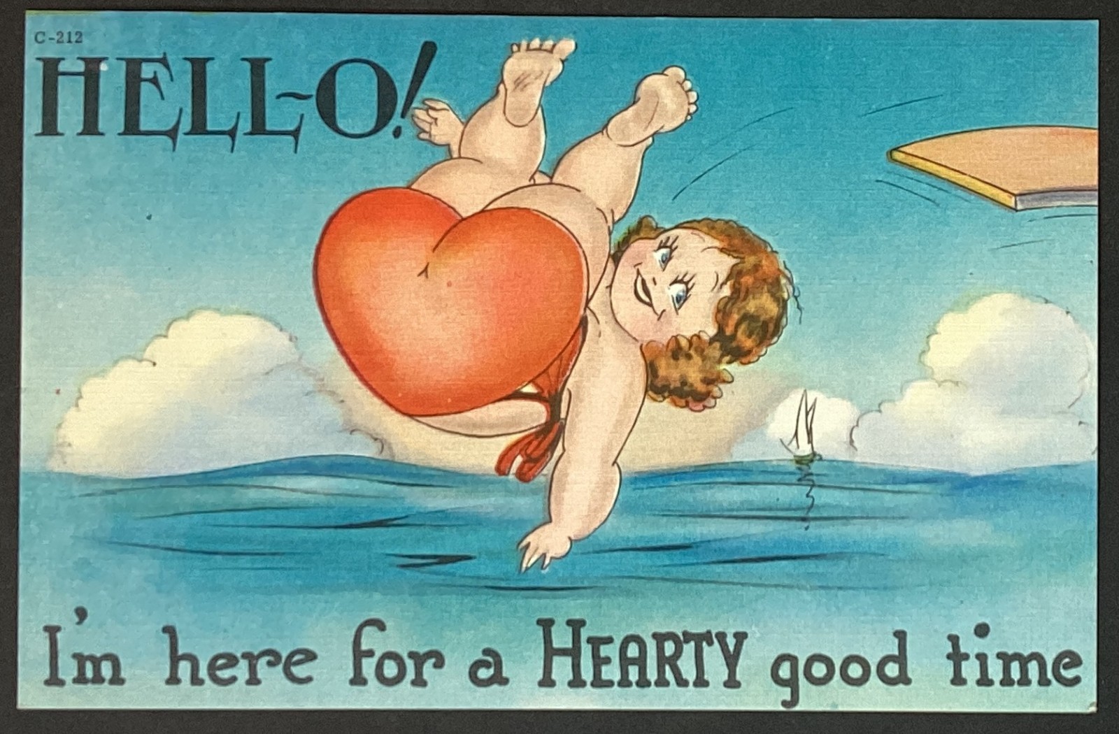 Fat Lady Hello I'm Here for a Hearty Good Time Vintage Comic Postcard Unposted