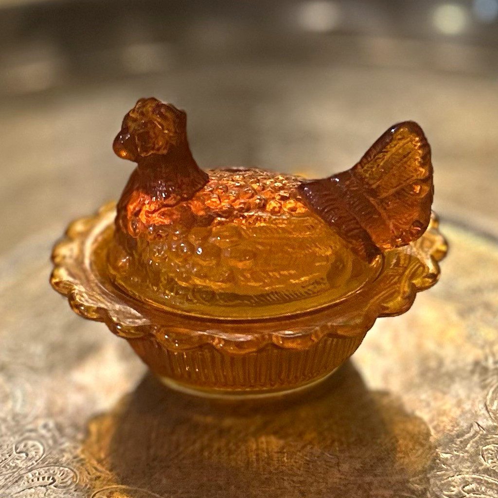 Orange Mosser Glass Hen on Nest Salt Cellar