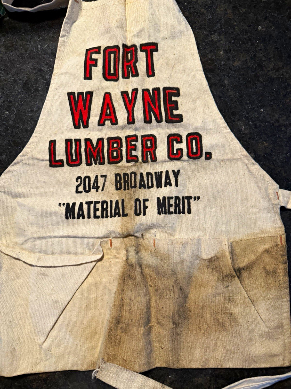 Red Thred Fort Wayne Lumber Co Advertising Canvas Apron w/ Pocket, Letter