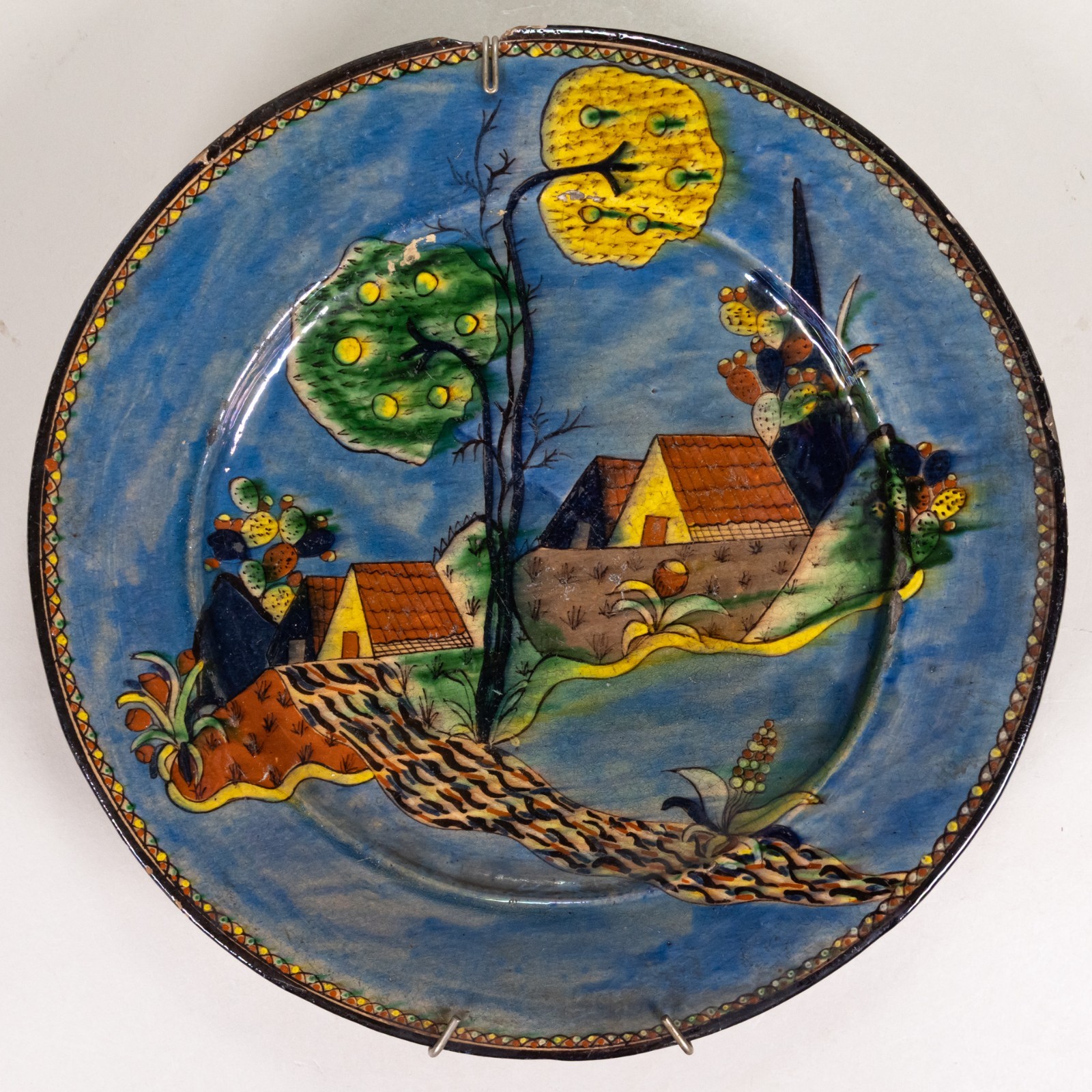 c.1920/30's Tlaquepaque Mexican Washy Blue Pottery Casas del Campo Plate