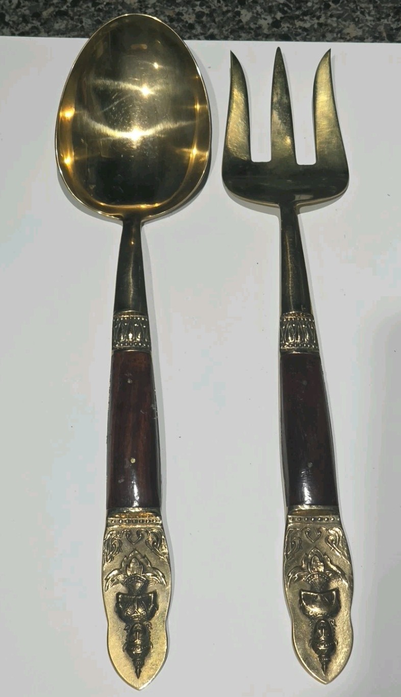Mid Century Thai Nickel Bronze Salad Servers Set Spoon Fork Buddha Figural