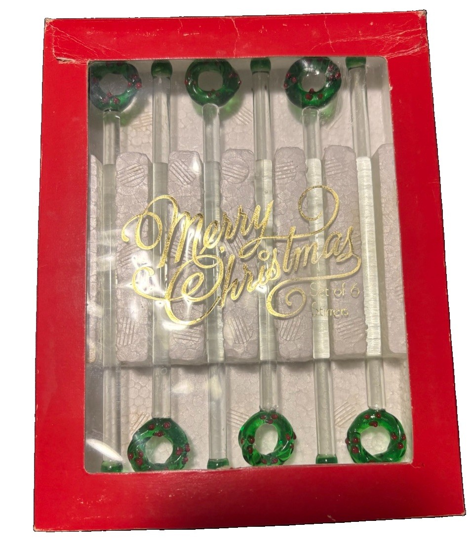 Vintage Two's Company Christmas Wreath Glass Stirrer Swivel Stick Boxed Set of 6