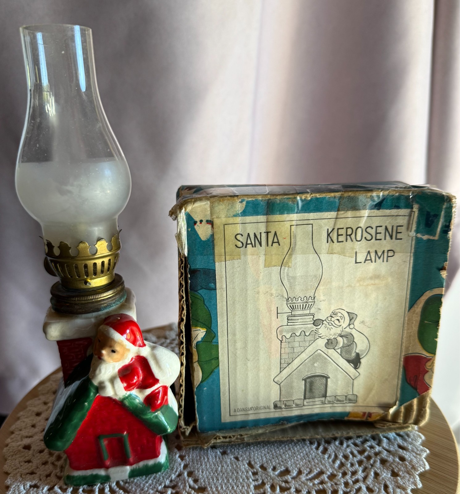 VTG 1950s Christmas Santa Chimney Ceramic Mini kerosene oil lamp w/box Japan