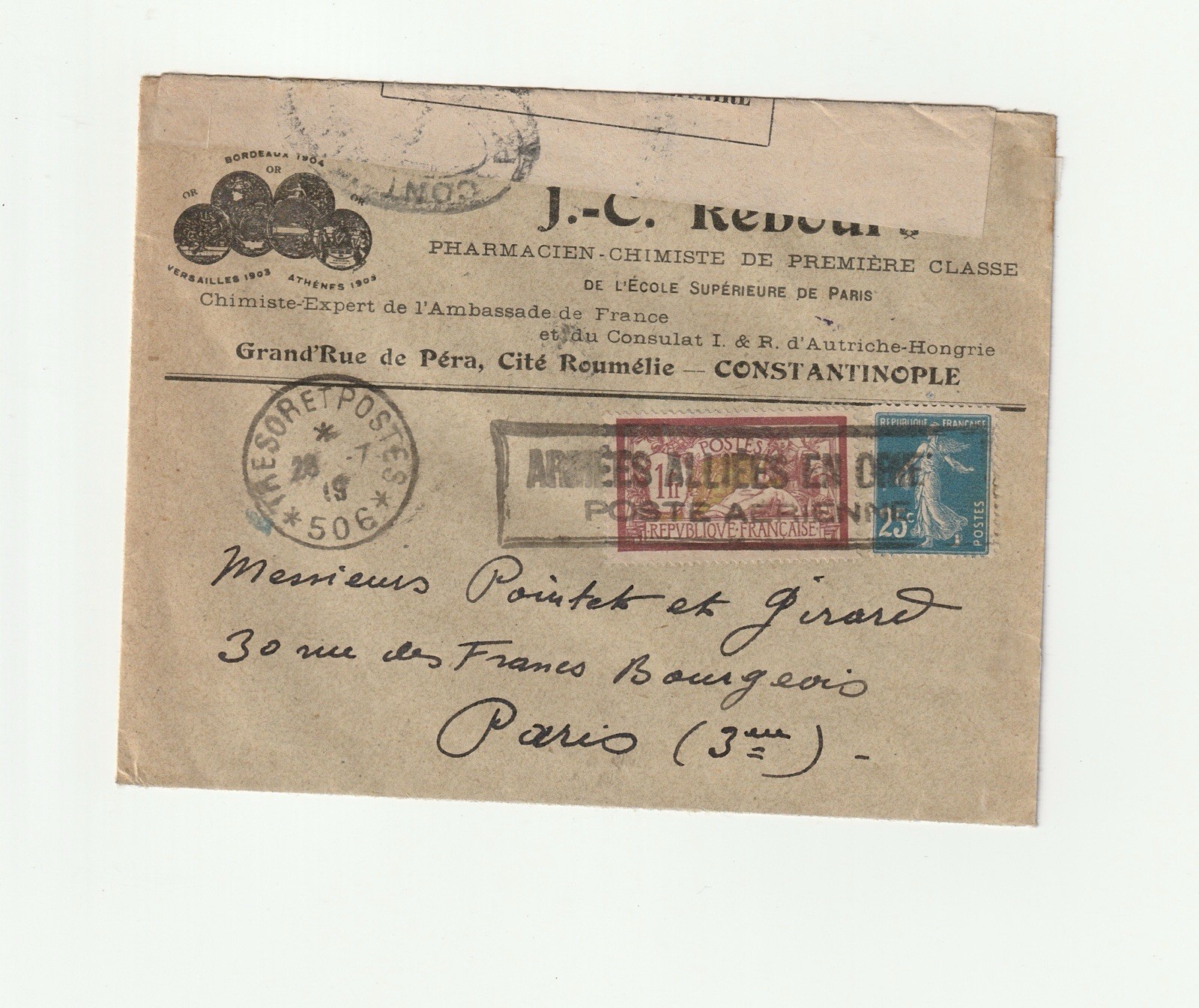 1919 Constantinople Airmail Allied Armies Merson 1F Sower 25c 1919 Constantinople Airmail Allied Armies Merson 1F Sower 25c