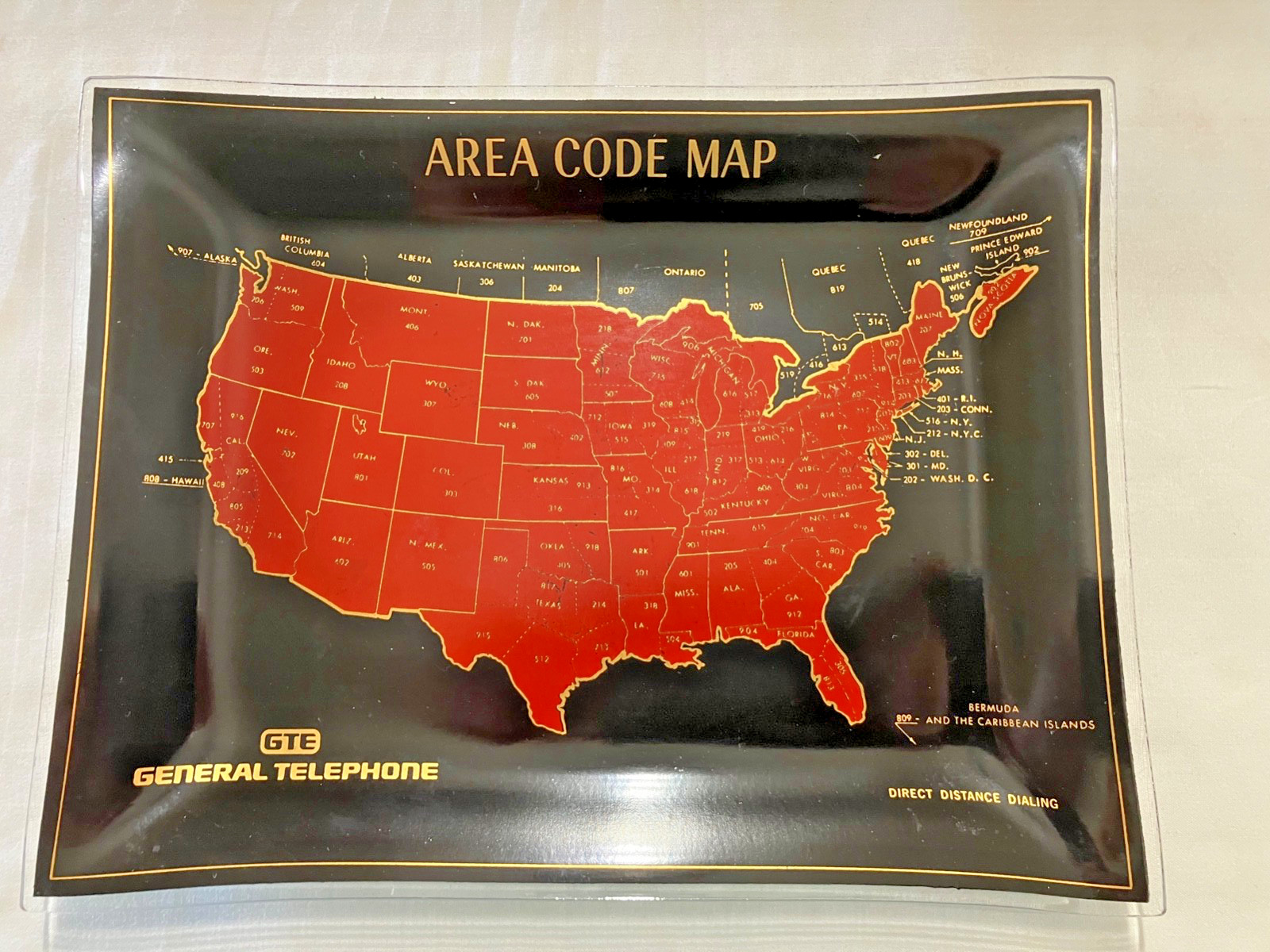 Old Vintage GTE General Telephone Area Code Map Glass Tray Plate or Dish