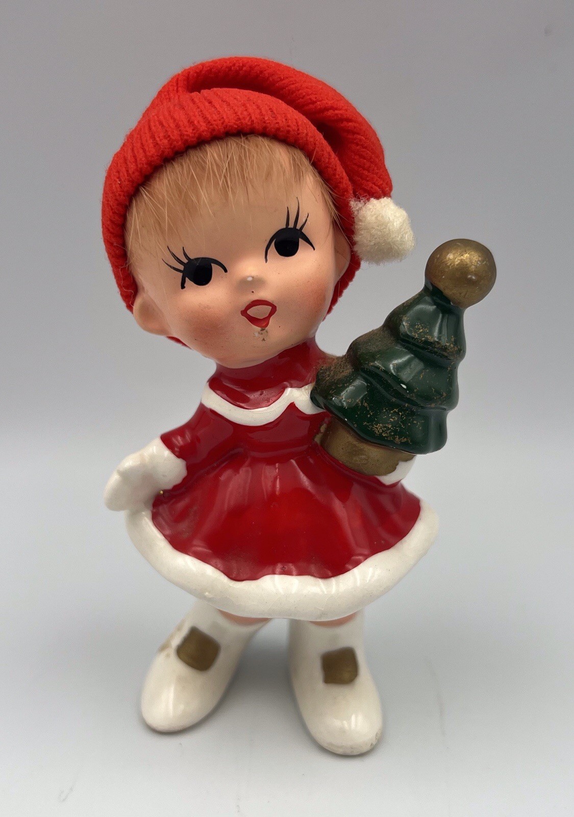 Vintage Napco Napcoware Elf Girl Christmas Ceramic Figurine w/ Tree Japan x-7979