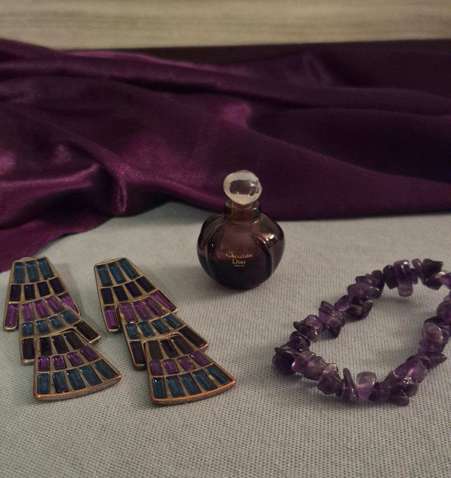 Vintage Christian Dior Bottle Empty Art Deco Style Earrings Amethyst Bracelet