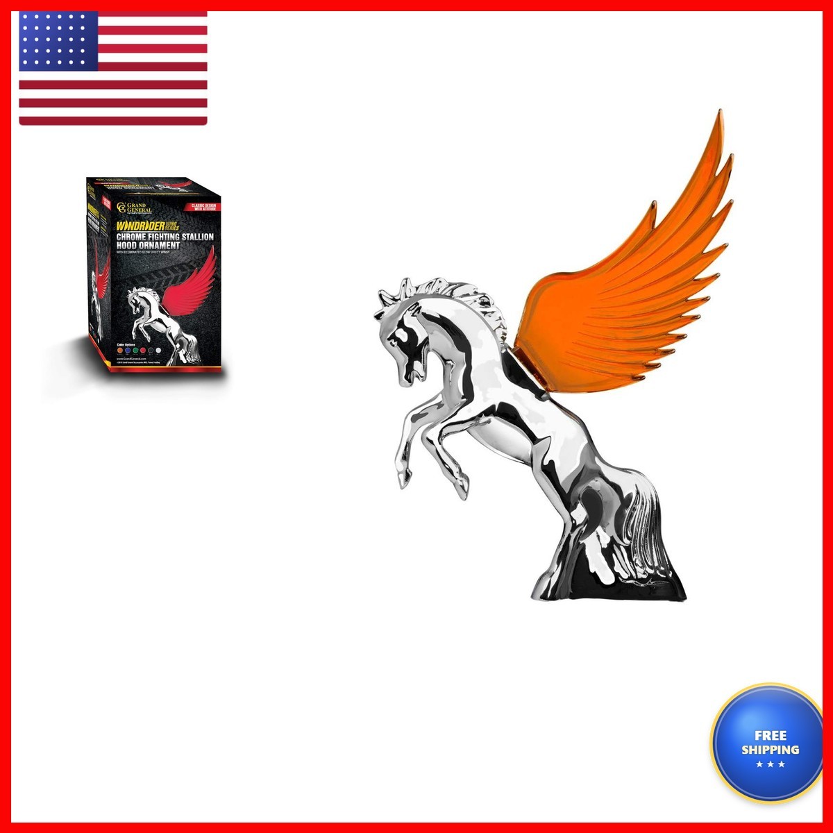 GG Grand General 48390 Amber 6.5 x 7.5 Inches Chrome Fighting Stallion Hood
