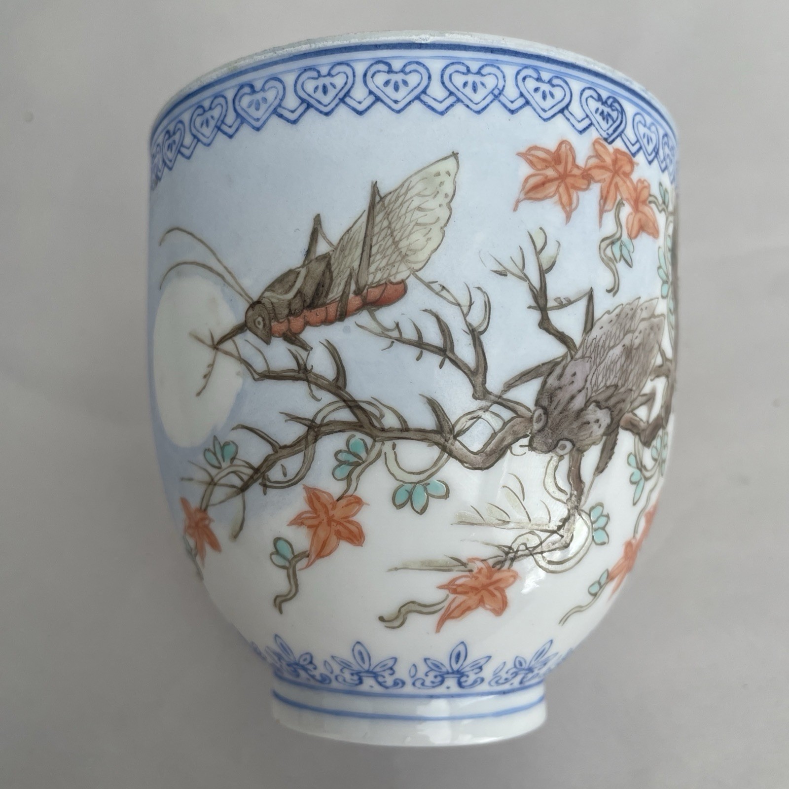 Vintage Hand-Painted Eggshell Porcelain Chinese Grasshoppers Insect Teacup 3”X3”