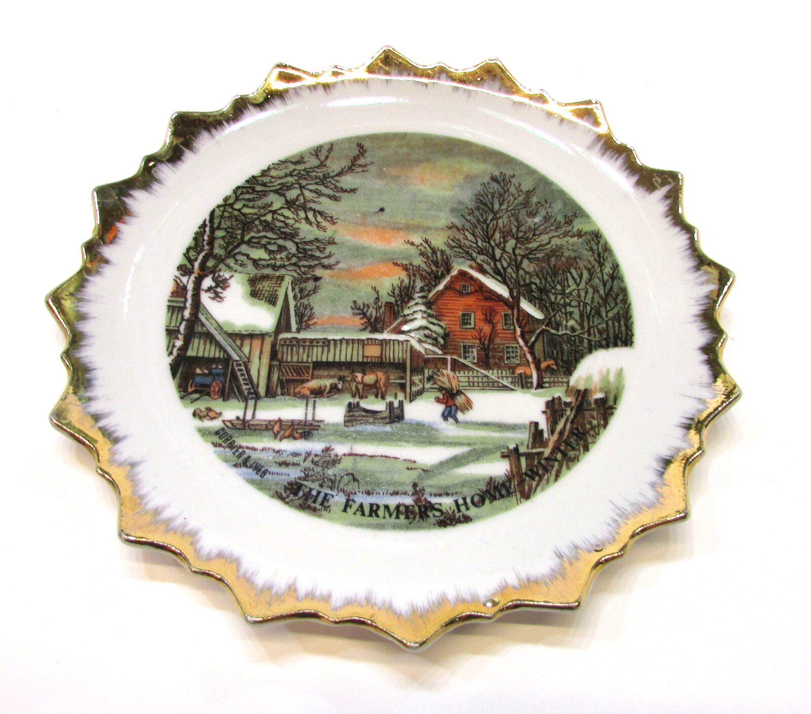 Vintage Currier Ives The Farmers Home Winter 7.25 dia Old 1960\'s Porcelain Plate