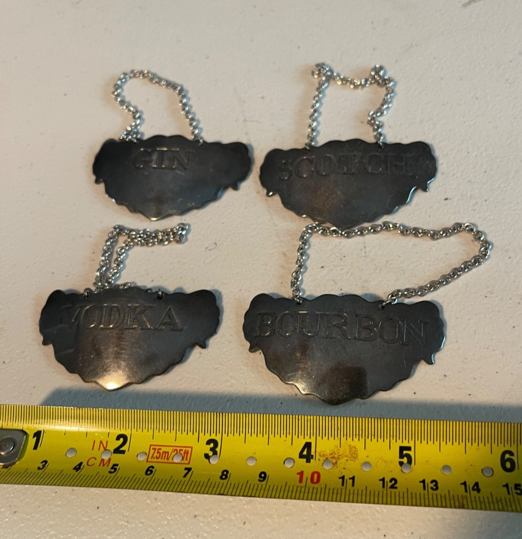Vtg Stieff Williamsburg, Silver plate, liquor, decanter tags, badges labels